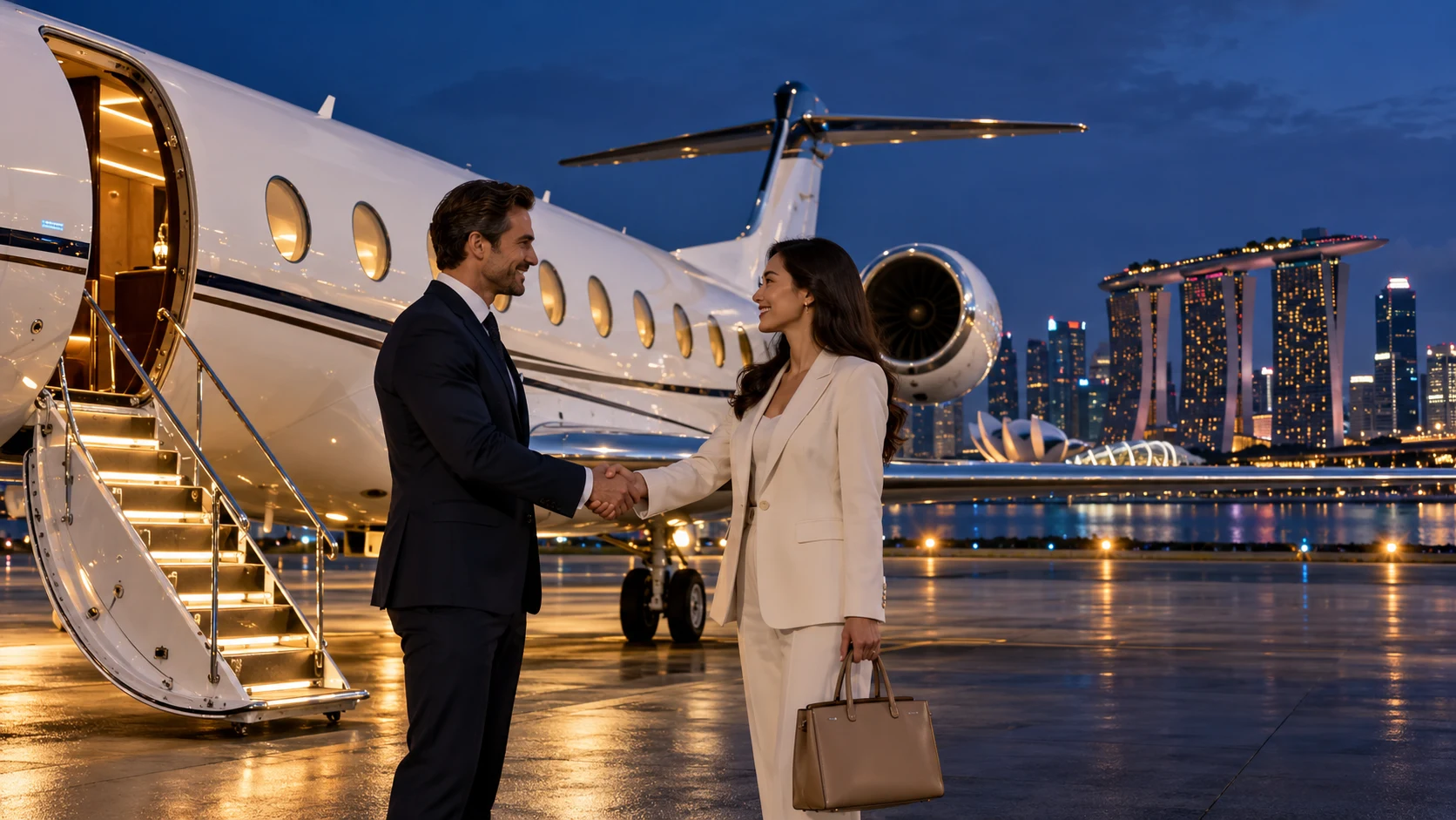 Two business professionals shaking hands beside a private jet with Singapore’s skyline beyond